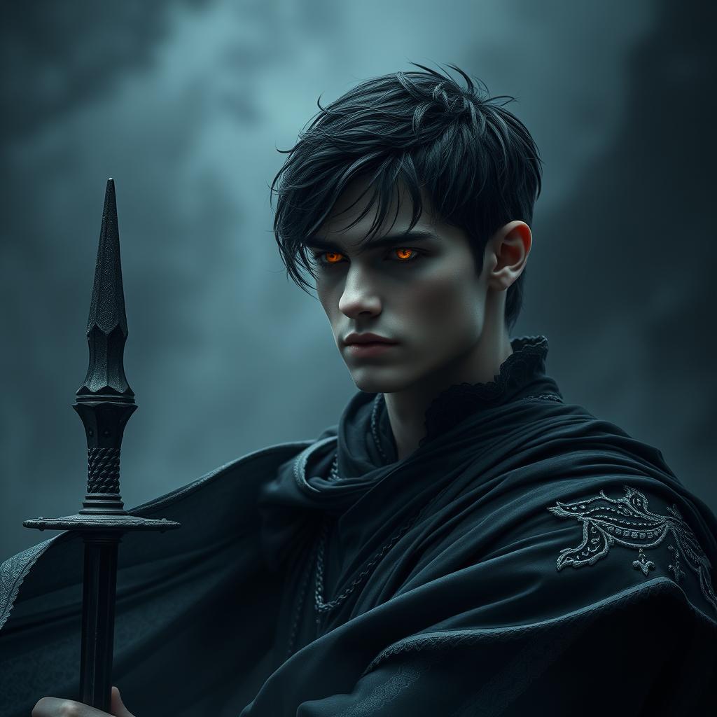 A dark prince of haunting beauty, tall with the stance of a masterful warrior — graceful, precise, and dangerously composed