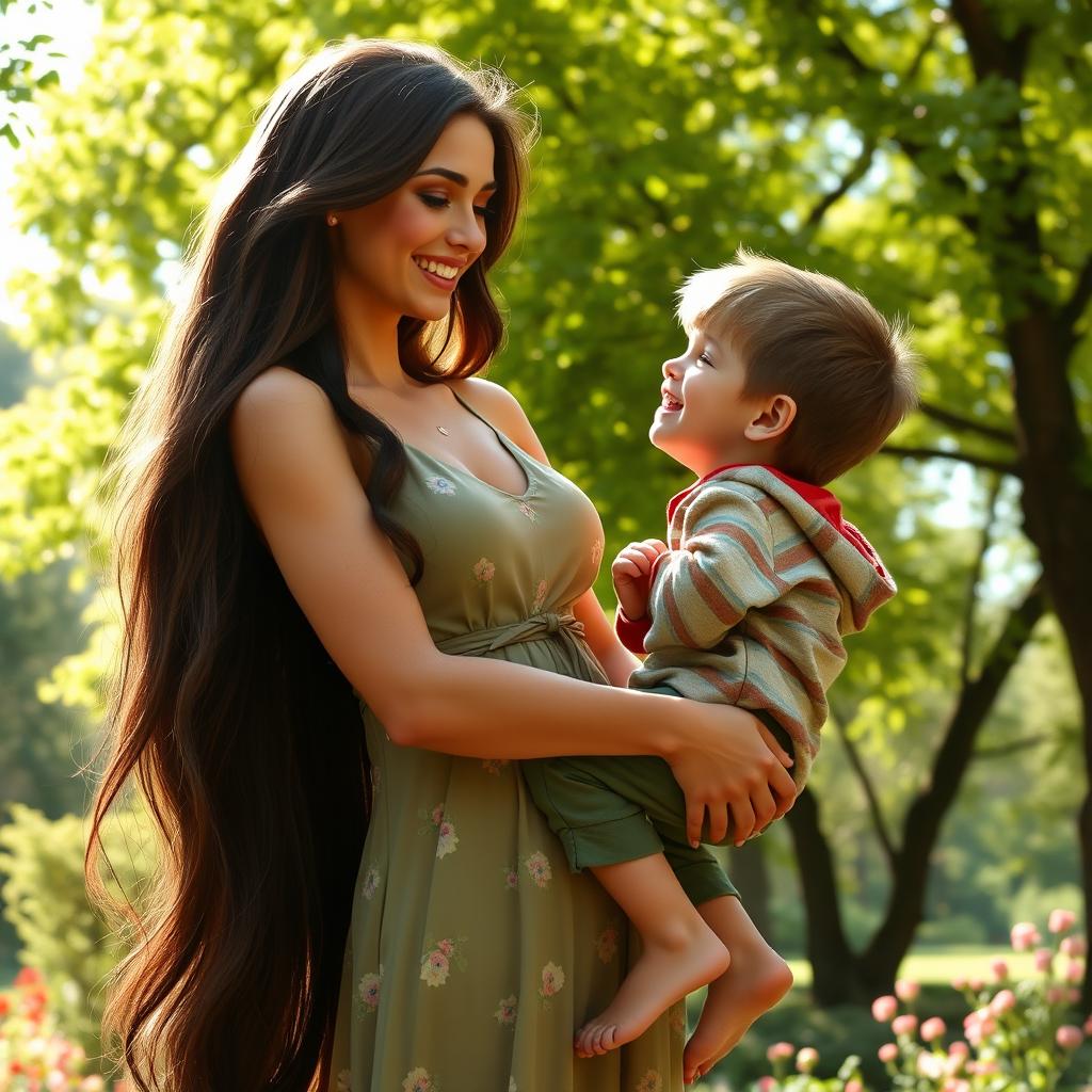 A tall, statuesque young woman, 7 feet 9 inches, with long flowing hair and a bright smile, gracefully lifting and carrying a small boy in a park