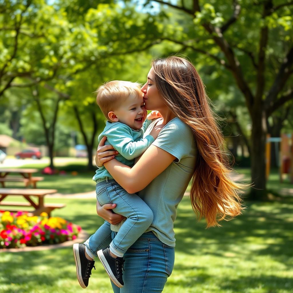 A 20-year-old woman who is 7 feet 9 inches tall, lifting and carrying a young boy in an affectionate manner in a park setting