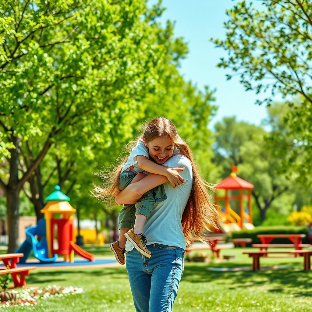 A 20-year-old woman who is 7 feet 9 inches tall, gently lifting and carrying a 14-year-old boy in a playful manner in a park setting