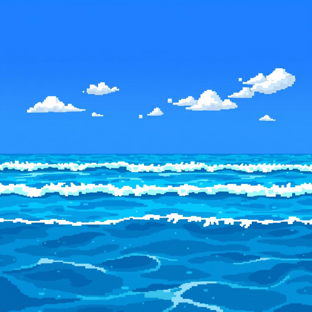 A tranquil pixel art sea scene featuring a wide expanse of blue waves gently rolling in under a clear, sunny sky