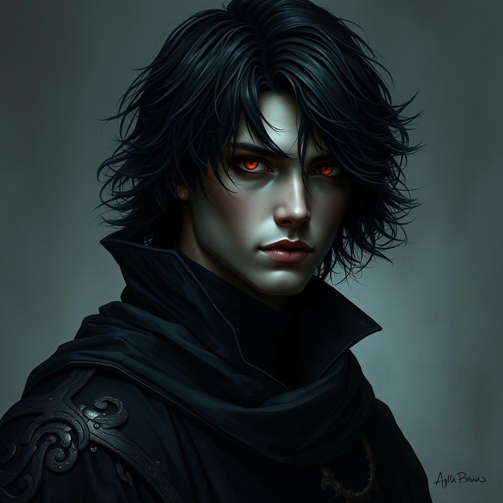 A dark prince of haunting beauty, tall and poised with the stance of a masterful warrior, exhibiting grace, precision, and a dangerously composed demeanor