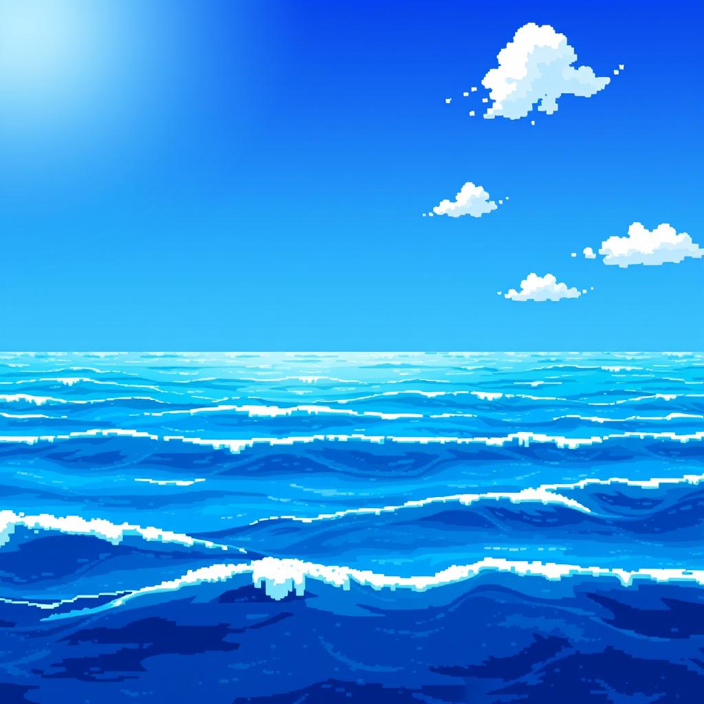 A tranquil pixel art sea scene featuring a vast expanse of blue waves gently rolling in, set under a bright, sunny sky