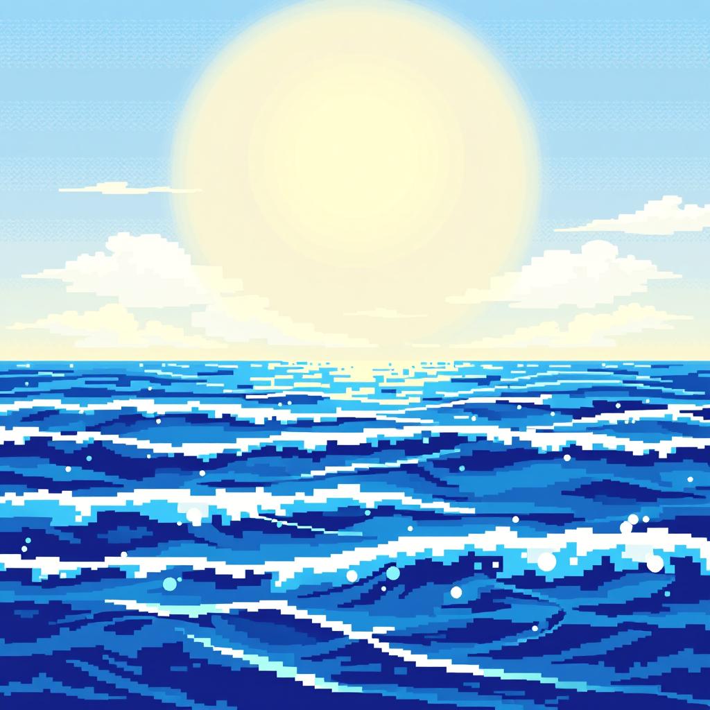 A tranquil pixel art sea scene showcasing a vast and peaceful ocean with blue waves calmly rolling under a radiant sunny sky