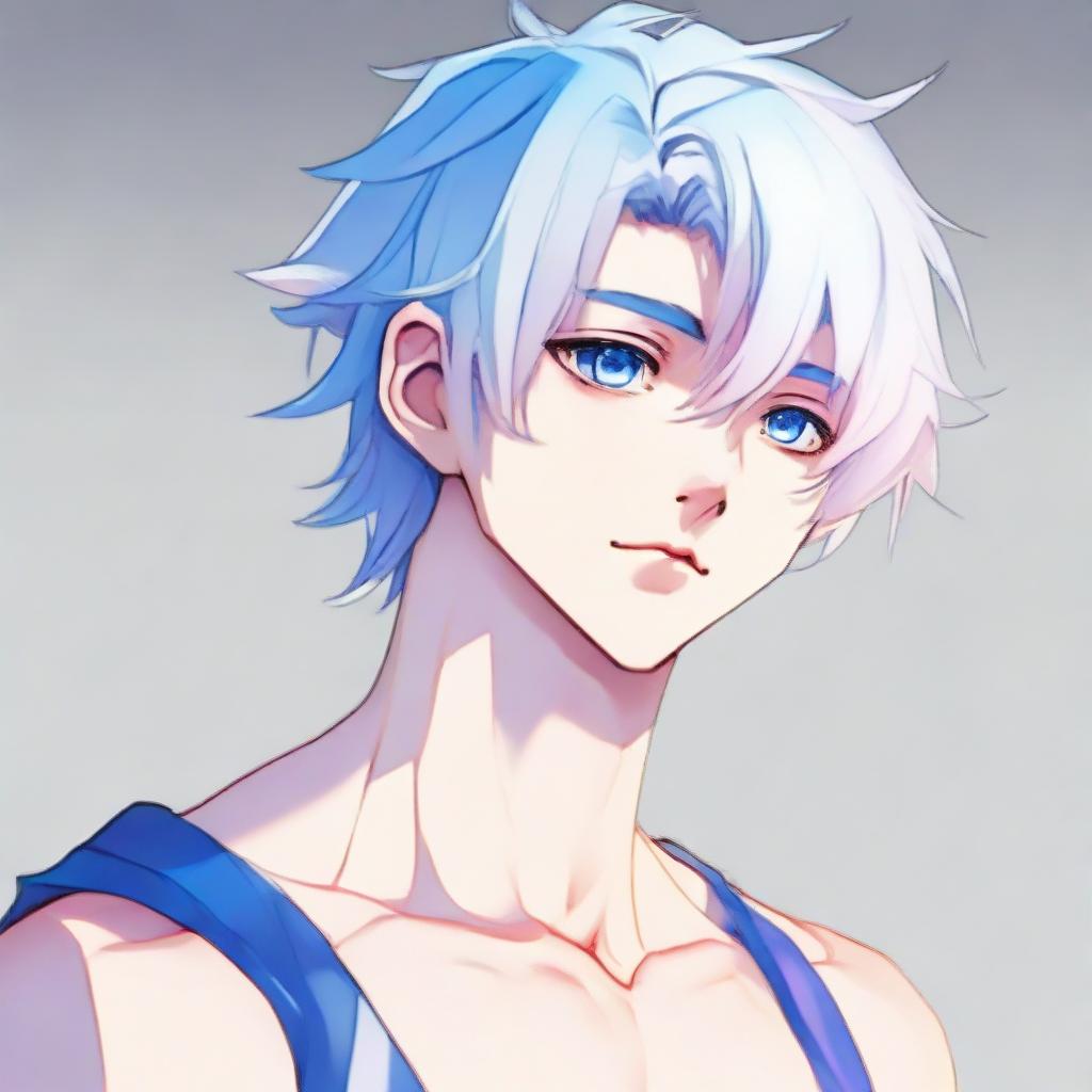 Generate an anime illustration of a delicate twink boy with white hair, eyebrows, lashes, slender skin, and a harmonious face. His sharp blue eyes have a hint of pink at the corners. He has large pectorals, a very feminine figure without muscles, looking extremely attractive in a blue bedlah, gazing into the distance in full body view.