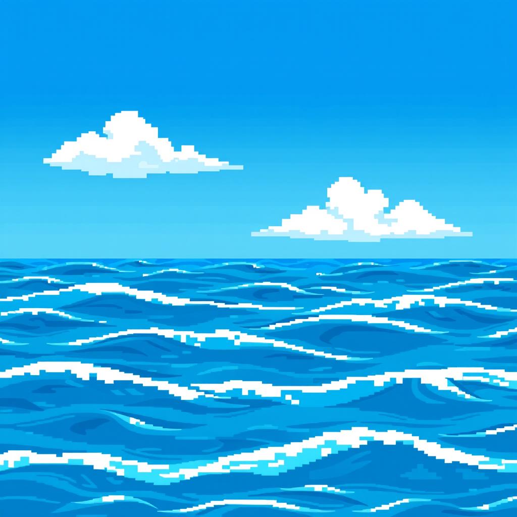 A tranquil pixel art sea scene displaying a calm ocean with rolling blue waves, illuminated by a bright and cheerful sunny sky