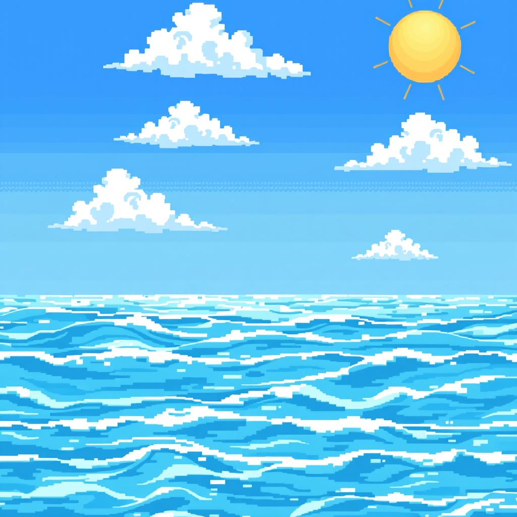 A tranquil pixel art sea scene depicting a serene ocean with gentle blue waves, under a bright and cheerful sunny sky