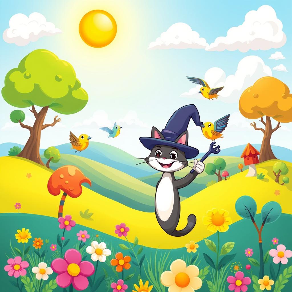 A vibrant cartoon-style illustration of a fantastical landscape featuring rolling hills, a bright blue sky with fluffy white clouds, and a cheerful sun