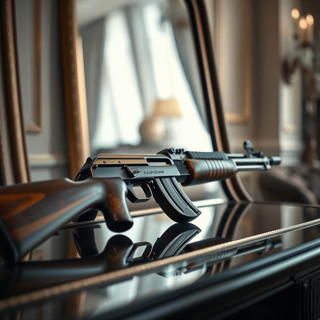 A beautifully detailed close-up of a mirror reflecting a highly realistic Kalashnikov rifle resting against it