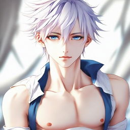 Create an anime image of a delicate twink boy with a very feminine figure, padded pectorals, and a skinny waist. He has white hair, eyebrows, and lashes, slender skin, and a harmonious face. His sharp blue eyes have a hint of pink at the corners. Without muscles, he emanates extreme attractiveness, exhibiting a neutral gaze into the distance in a full-body view.