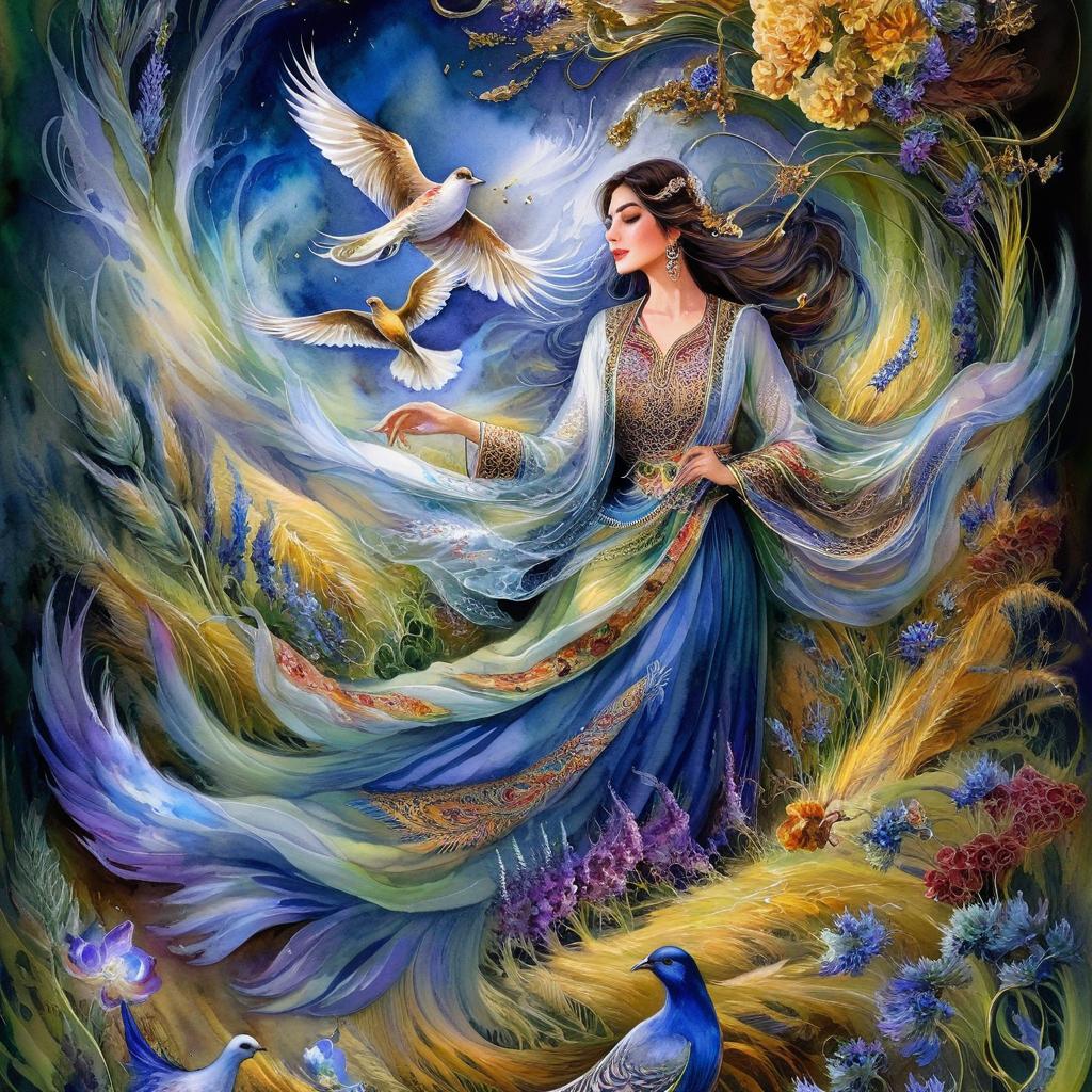 Mystical and spiritual watercolor painting of a beautiful Iranian woman in traditional dress amidst a wheat field in a maze of multicolored flowers, cypress, grape, and plane trees, a whirlwind of beautiful birds in a spectrum of green, yellow, and blue.