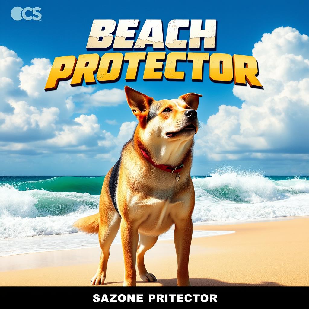 An action movie poster featuring a heroic dog standing boldly on a sunny beach