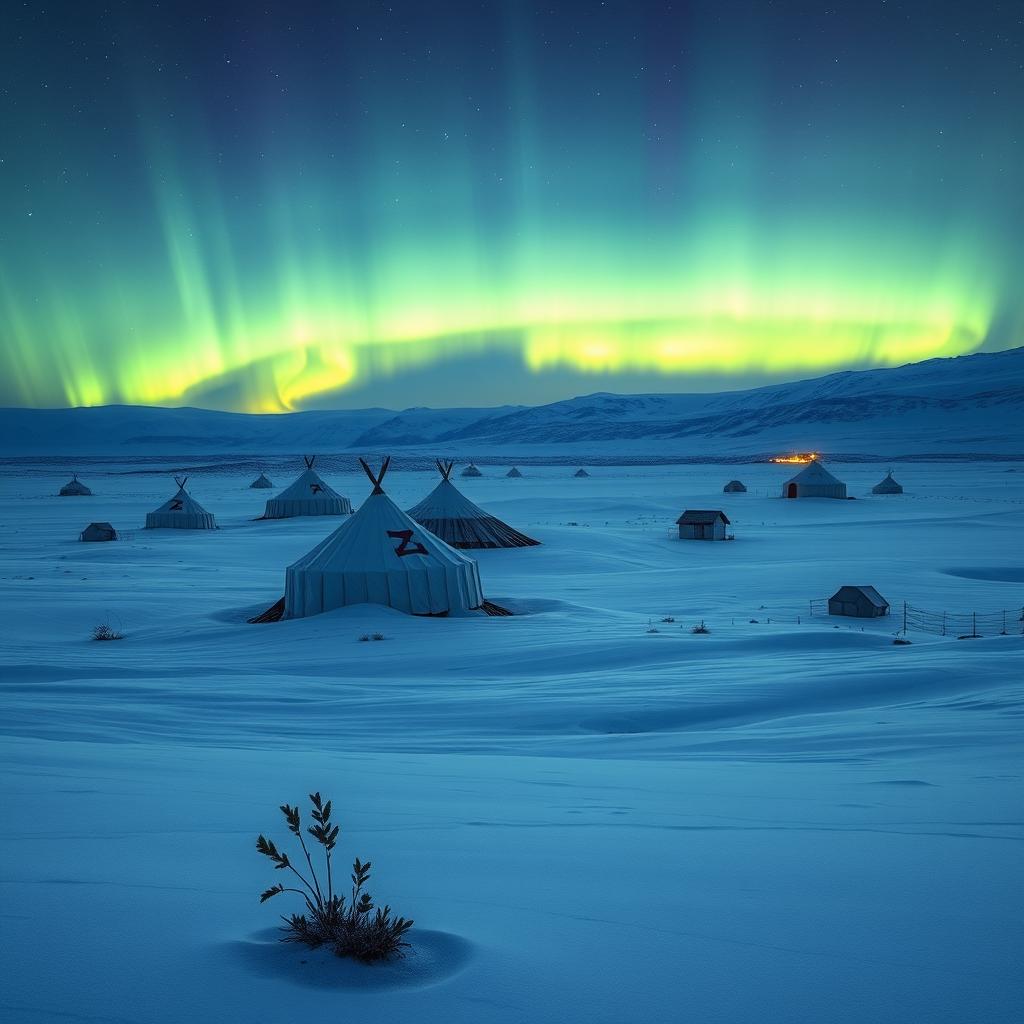 A mesmerizing landscape of the Yamal Peninsula in the Arctic, showcasing its vast tundra, unique natural formations, and the breathtaking views of the northern lights illuminating the night sky