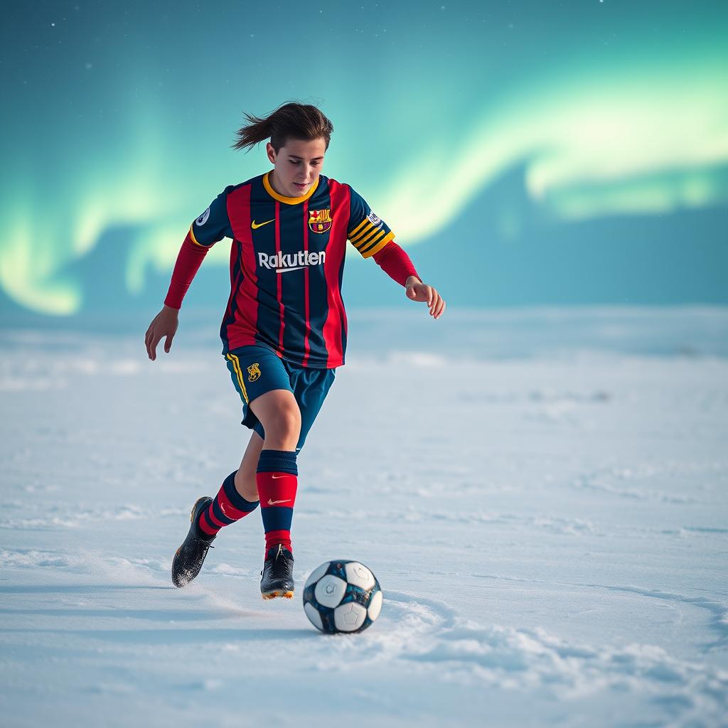 A dynamic portrait of a young player from FC Barcelona, skillfully dribbling the football on the snowy fields of the Yamal Peninsula