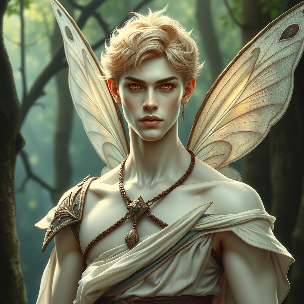 A handsome fairy prince, with pale skin and soft amber-colored eyes, exuding an otherworldly beauty