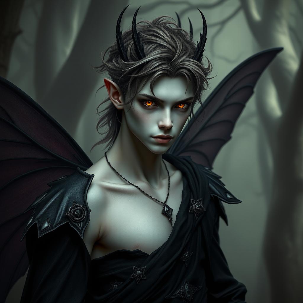 A dark fairy prince, with pale skin and soft amber-colored eyes, exuding an enigmatic beauty