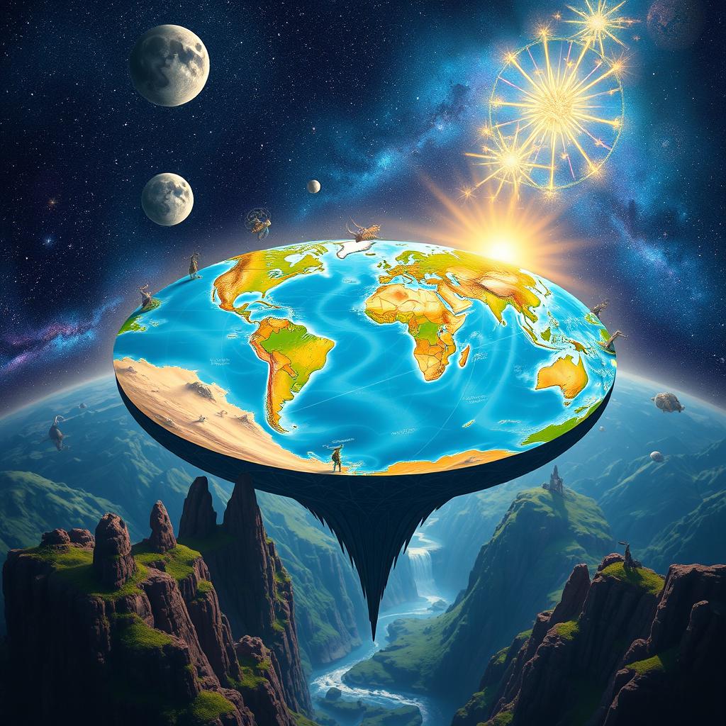 A visually striking representation of the Flat Earth concept, featuring a vibrant, colorful world map with continents and oceans