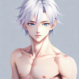 Create an anime image of a delicate twink boy with a very feminine figure, padded pectorals, and a skinny waist. He has white hair, eyebrows, and lashes, slender skin, and a harmonious face. His sharp blue eyes have a hint of pink at the corners. Without muscles, he emanates extreme attractiveness, exhibiting a neutral gaze into the distance in a full-body view.