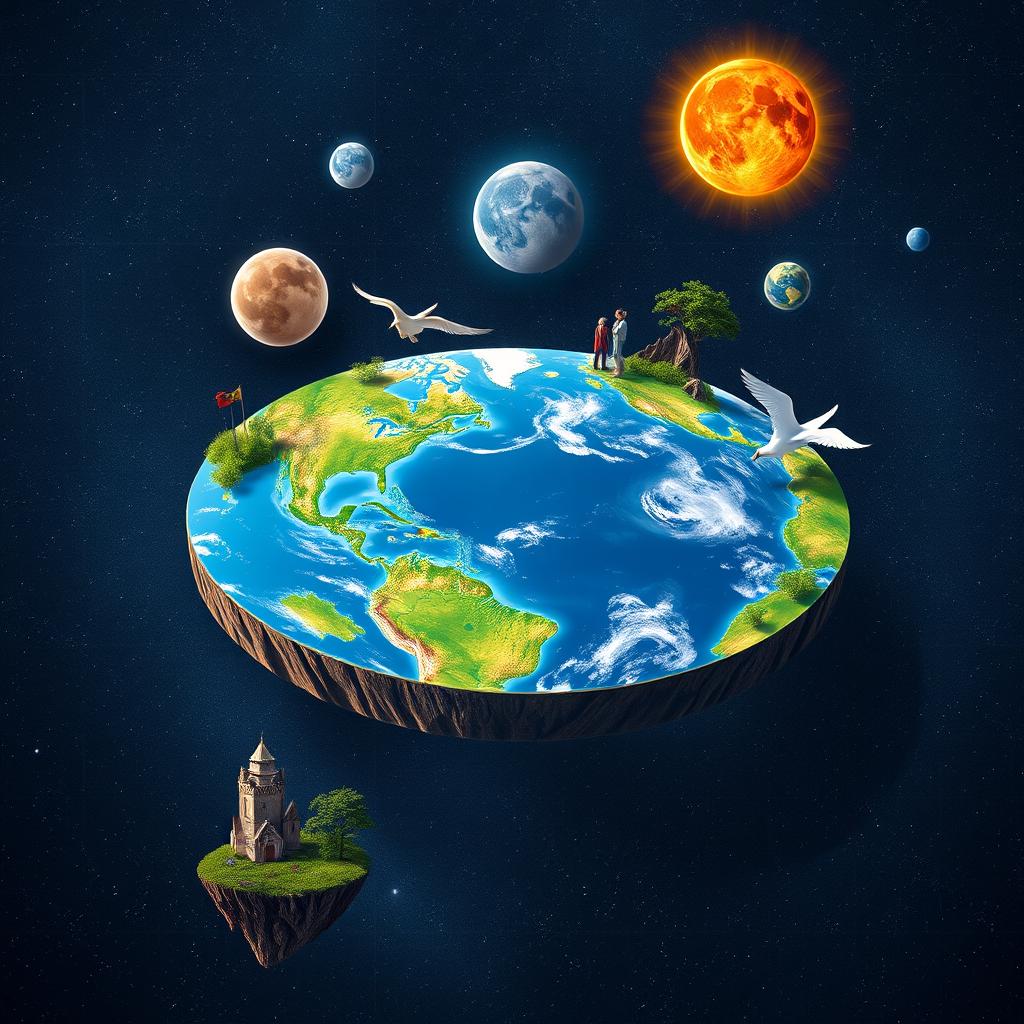 A visually striking representation of the Flat Earth concept, showcasing a colorful flat disk of Earth with vivid continents and oceans