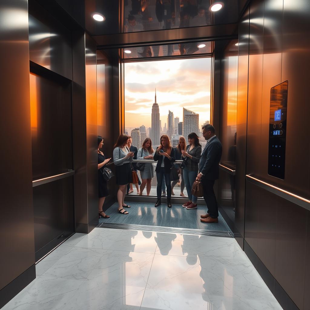 A modern elevator interior, featuring sleek, polished metal walls and a glass panel showcasing a panoramic view of a bustling city skyline