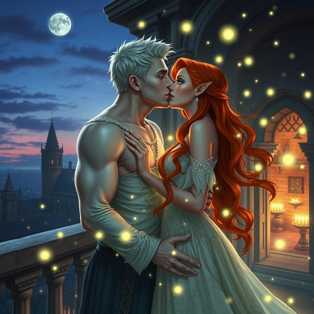 A romantic, magical moment between a couple on an ancient balcony at twilight