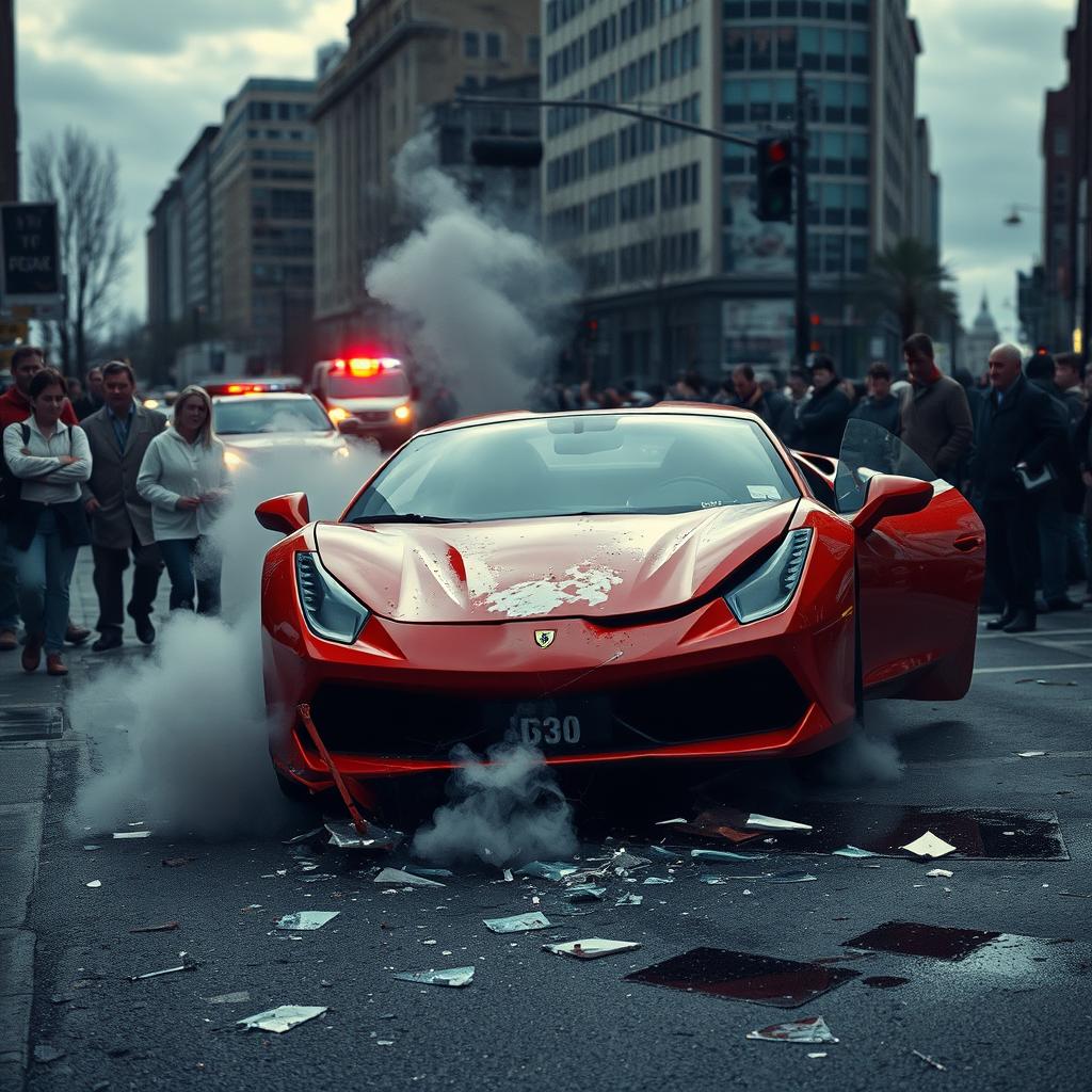 A dramatic and intense scene depicting a car crash in an urban environment
