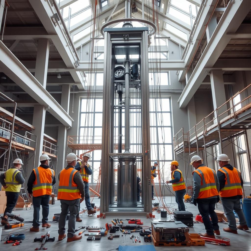 An industrial setting showcasing an elevator installation in progress within a modern building