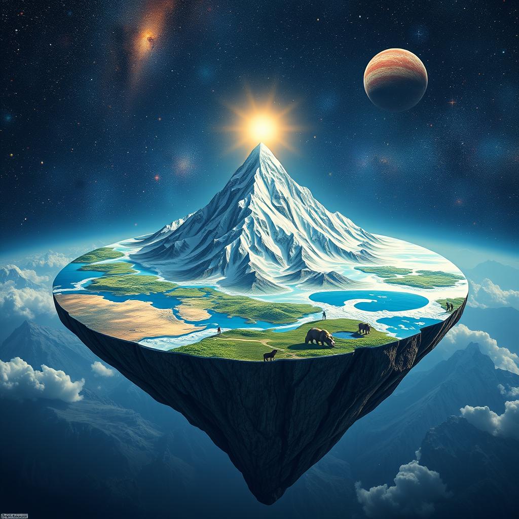 A fantastical depiction of the Flat Earth featuring Mount Everest as a towering structure at the center of the scene
