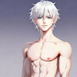 Create an anime image of a delicate twink boy with a very feminine figure, padded pectorals, and a skinny waist. He has white hair, eyebrows, and lashes, slender skin, and a harmonious face. His sharp blue eyes have a hint of pink at the corners. Without muscles, he emanates extreme attractiveness, exhibiting a neutral gaze into the distance in a full-body view.