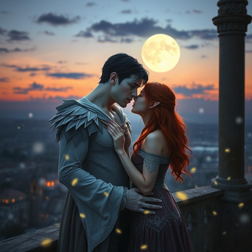A romantic and intense moment between a couple on an ancient parapet under a twilight sky