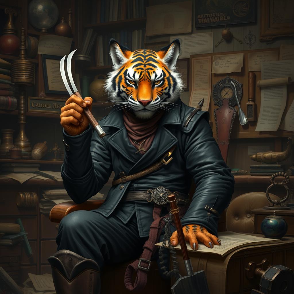 An elderly Tiger Tabaxi, a humanoid feline character resembling a tiger with striking fur patterns, sits in a cluttered office filled with various trinkets, papers, and mystical artifacts