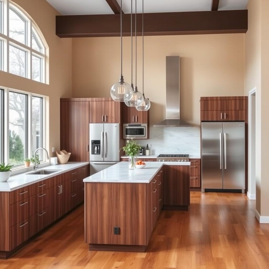 A beautifully designed modern kitchen, featuring sleek cabinets in a rich walnut finish, a large central island with a white marble countertop, and state-of-the-art stainless steel appliances