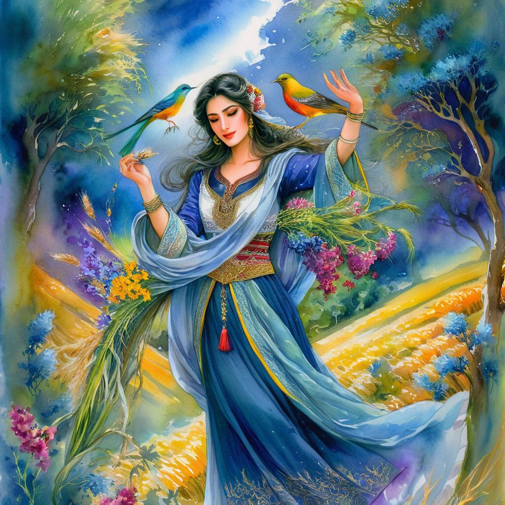 Mystical and spiritual watercolor painting of a beautiful Iranian woman in traditional dress amidst a wheat field in a maze of multicolored flowers, cypress, grape, and plane trees, a whirlwind of beautiful birds