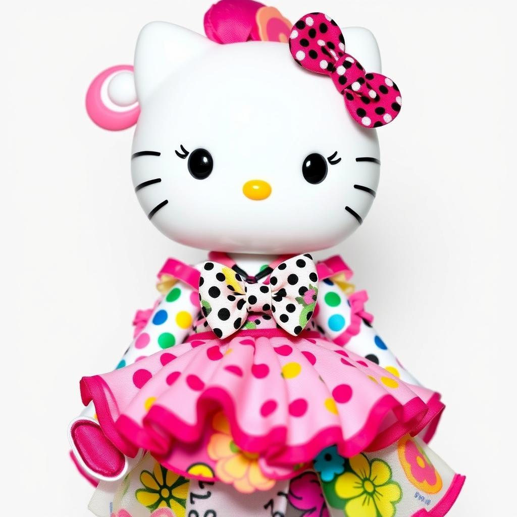 A Hello Kitty doll designed as a collaboration with Betsey Johnson, featuring vibrant and playful patterns, bold colors, and whimsical accessories