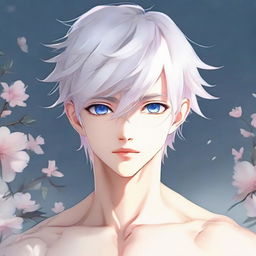 Create an anime image of a delicate twink boy with a very feminine figure, padded pectorals, and a skinny waist. He has white hair, eyebrows, and lashes, slender skin, and a harmonious face. His sharp blue eyes have a hint of pink at the corners. Without muscles, he emanates extreme attractiveness, exhibiting a neutral gaze into the distance in a full-body view.