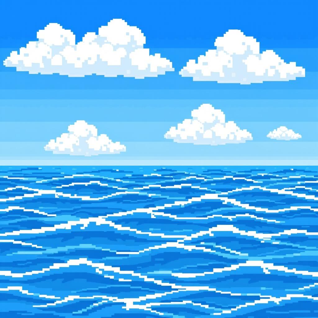 A tranquil pixel art sea scene displayed on an 11x8