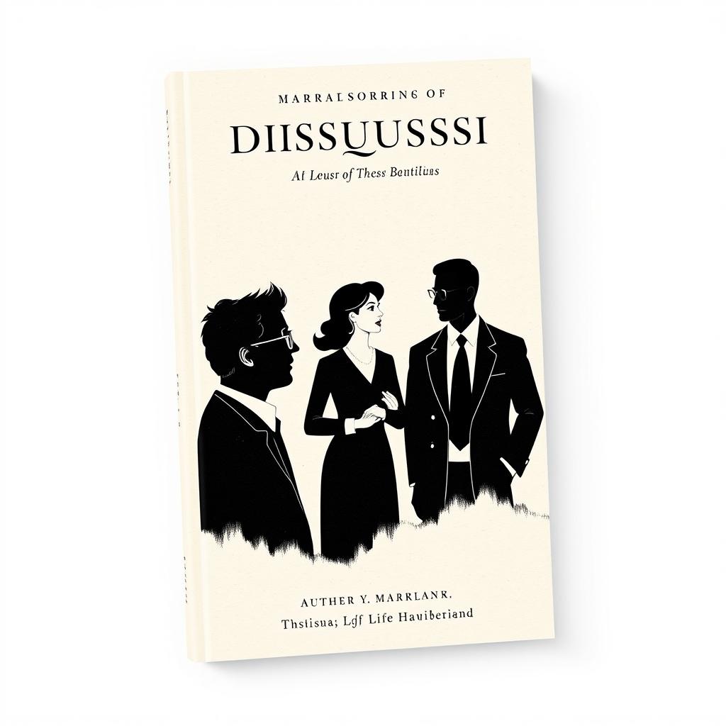 A book cover design featuring an eloquent yet sober illustration of three silhouettes engaged in dialogue