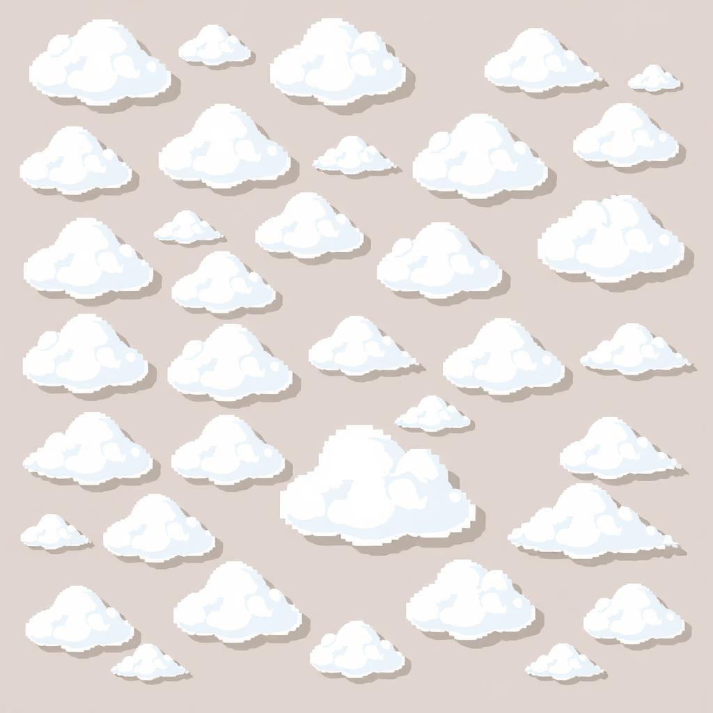 A collection of fluffy pixelated clouds displayed against a transparent background