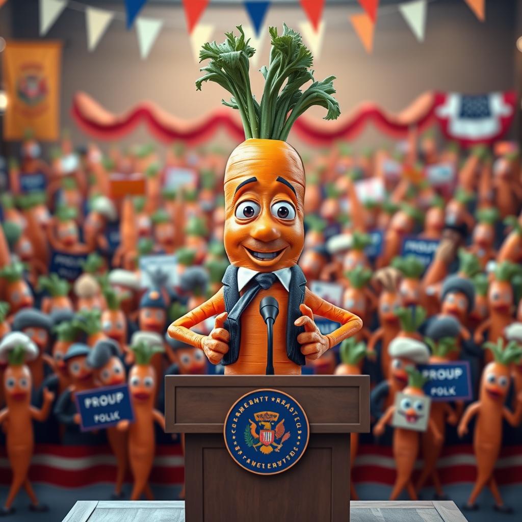 A realistic carrot character with hands and legs, depicted as a president, standing confidently at a podium