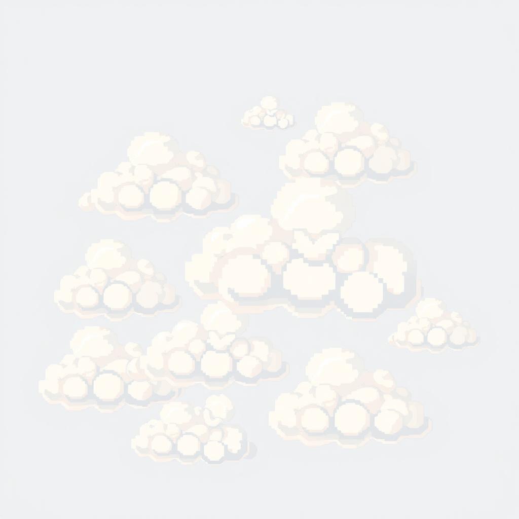 A collection of large, fluffy pixelated clouds on a transparent background