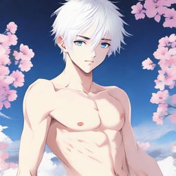 Make an anime illustration of a twink boy with a very feminine body and skinny waist. He has white hair, eyebrows, lashes, and slender skin. With a harmonious face, sharp blue eyes have a hint of pink at their corners. He lacks muscular definition and gazes neutrally into the distance in a full-body view.