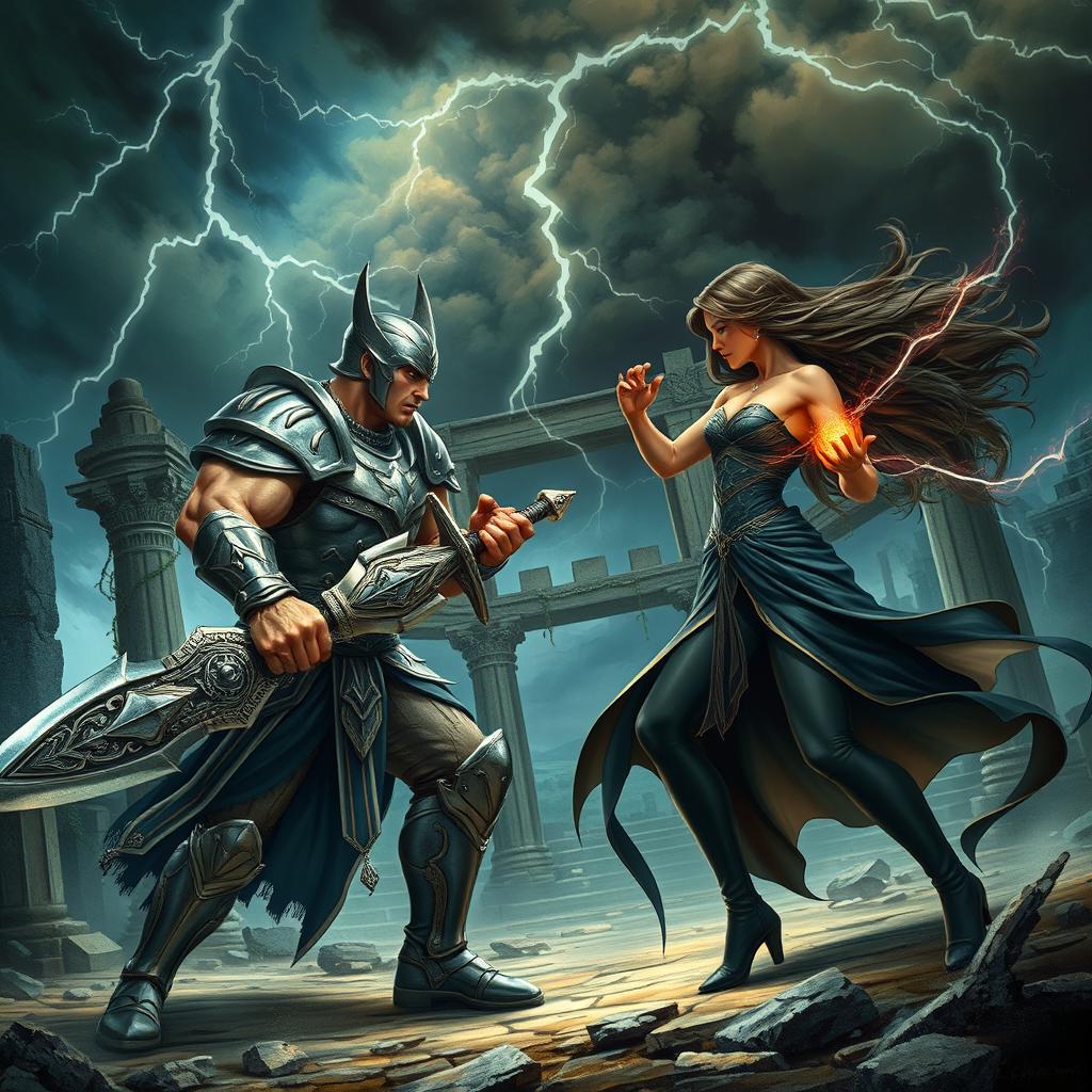 A dramatic fight scene between two powerful characters in an epic fantasy setting