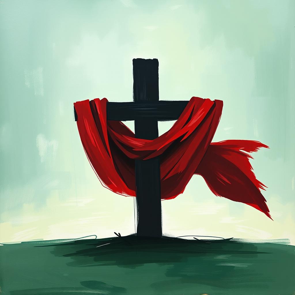A stylized dark cross with a deep crimson red mantle draped across its arms