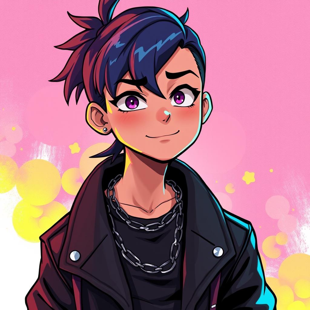 A character with similar features as the original image but without the septum piercing, the chain around the neck, and the leather jacket