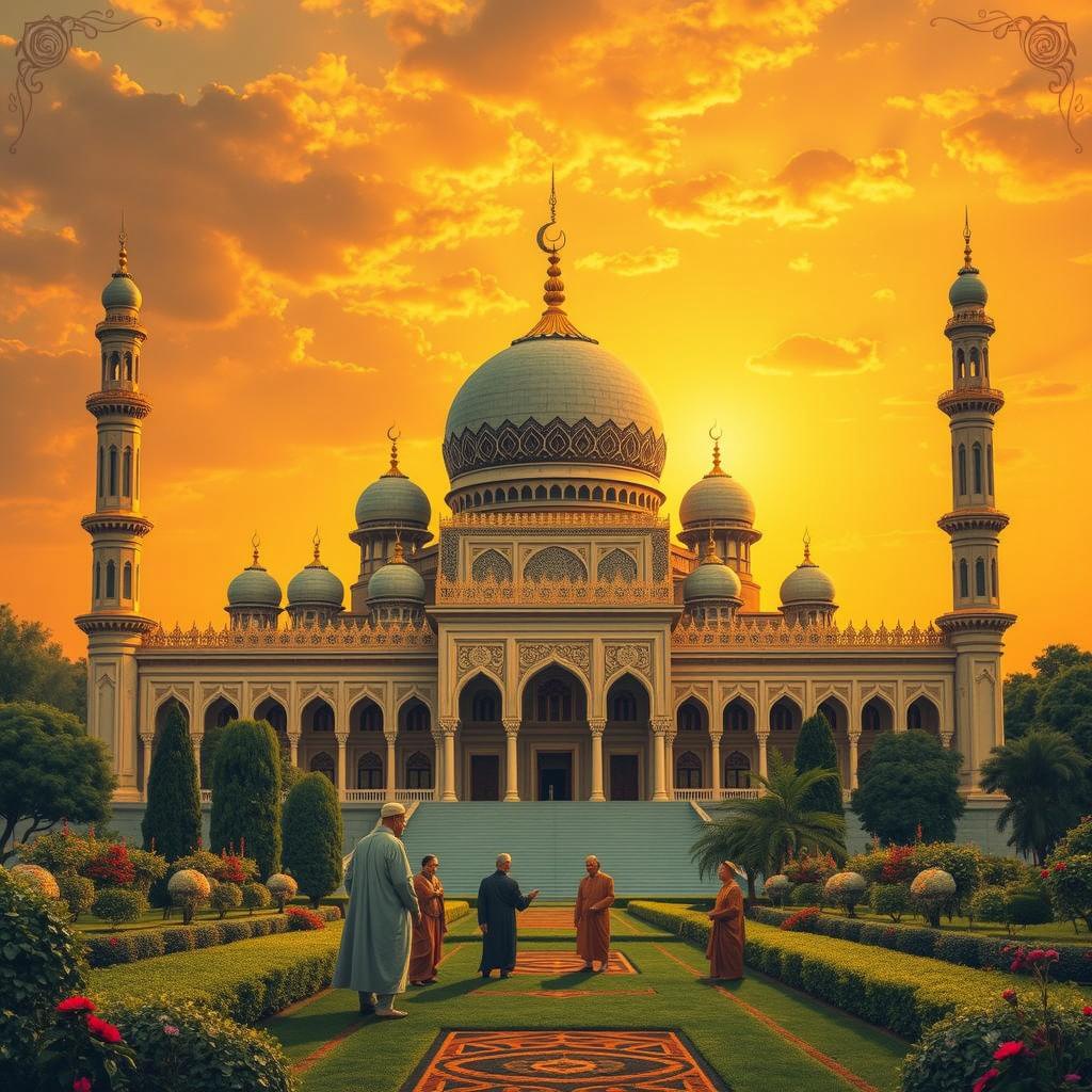 A stunning view of a grand palace with intricate architecture, featuring majestic domes and tall minarets, set against a vibrant sunset sky