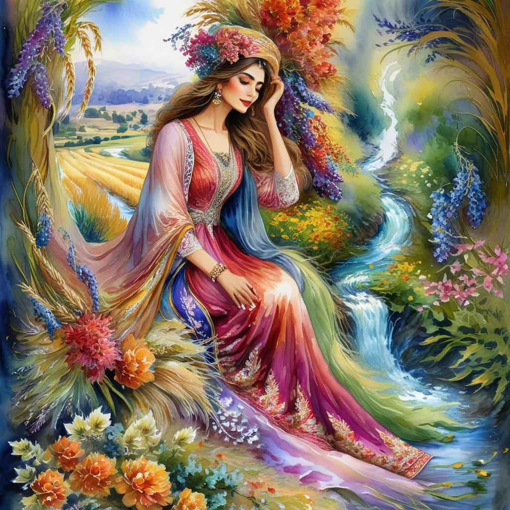 Mystical and spiritual watercolor painting of a beautiful Iranian woman in traditional dress sitting in a wheat field and next to a stream, surrounded by multicolored flowers, cypress, grape and plane trees.
