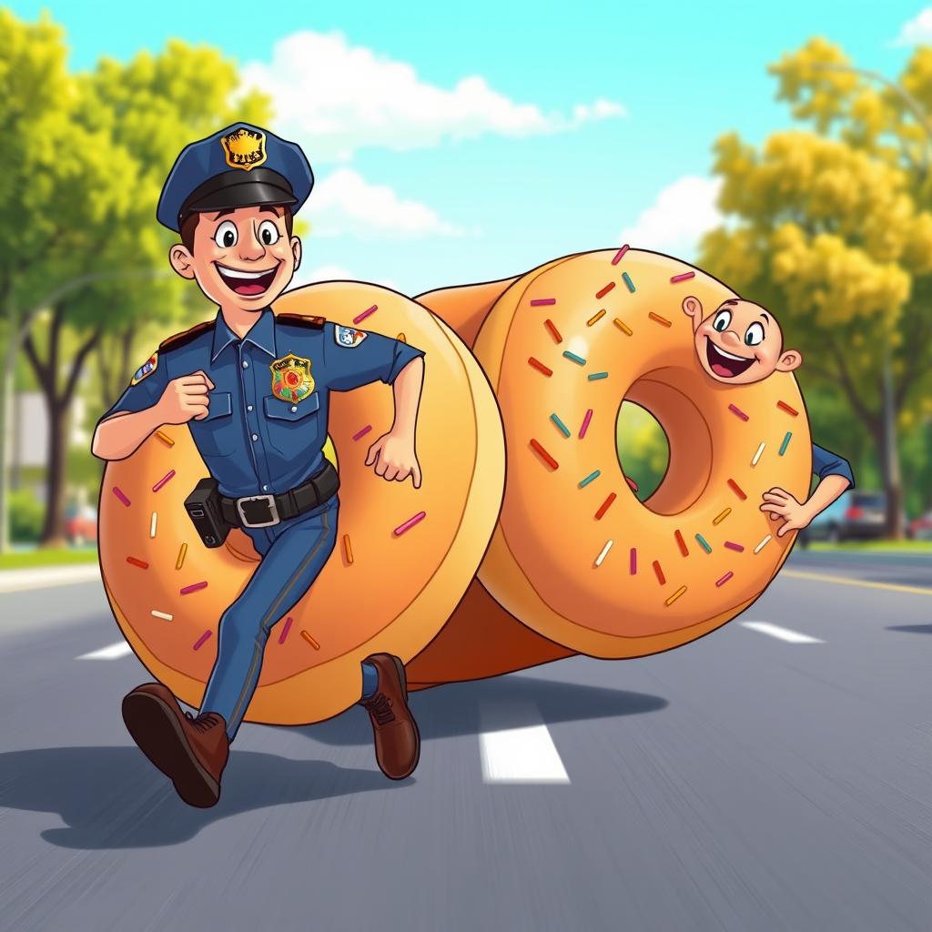 A humorous scene depicting a cheerful police officer in a classic blue uniform running after a giant donut rolling on the street