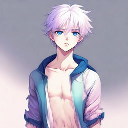 Make an anime illustration of a twink boy with a very feminine body and skinny waist. He has white hair, eyebrows, lashes, and slender skin. With a harmonious face, sharp blue eyes have a hint of pink at their corners. He lacks muscular definition and gazes neutrally into the distance in a full-body view.