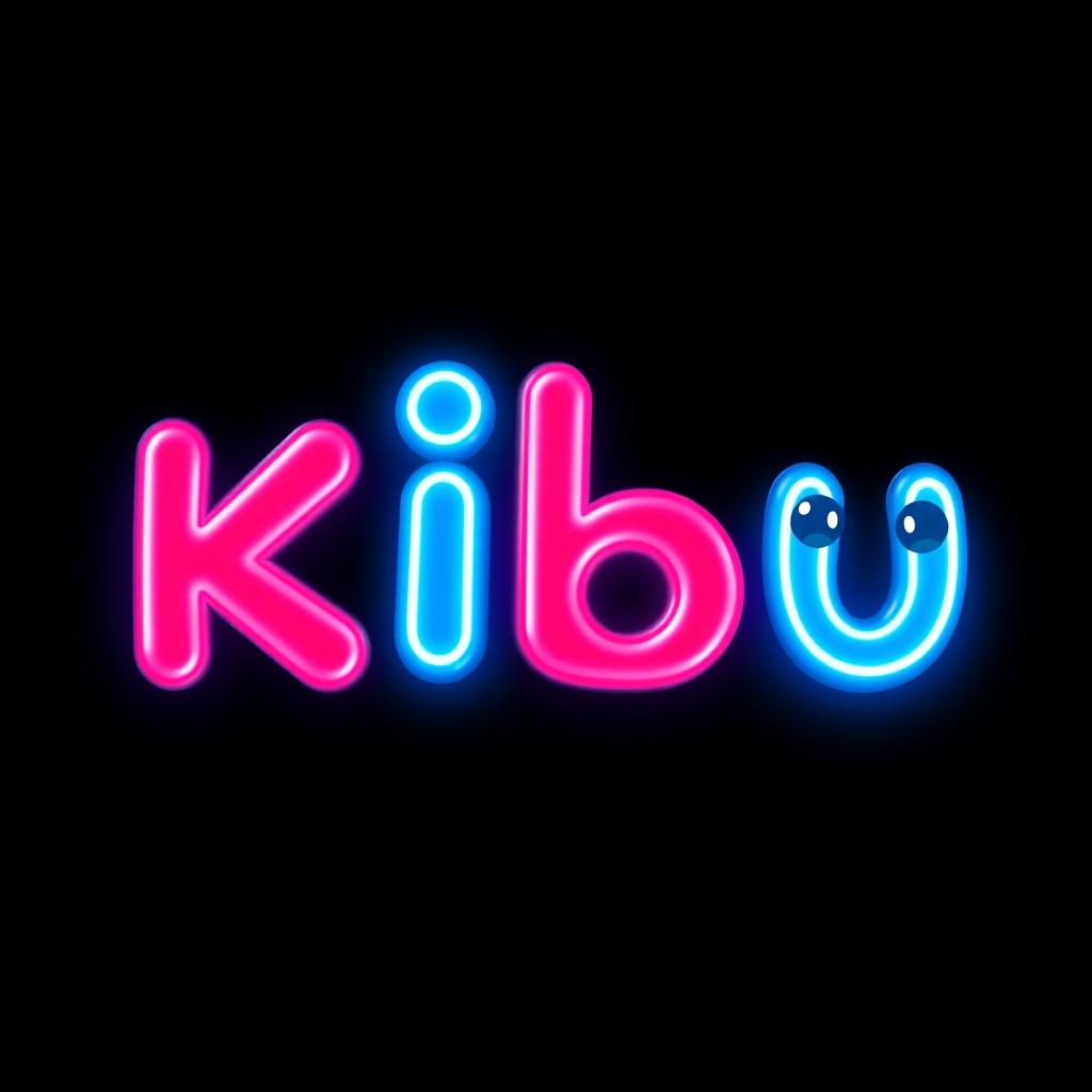 A logo design featuring the word 'KIBU' with 3D neon letters in electric blue and pink colors against a black background