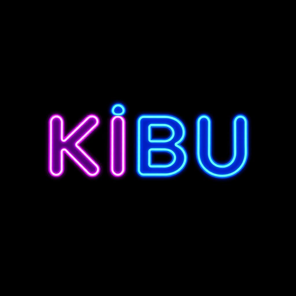 A logo design featuring the word 'KIBU' in a striking 3D neon style